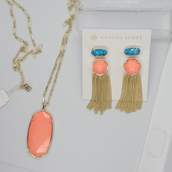 CUSTOM KENDRA SCOTT NECKLACE BRONZE VEINED TURQUOISE & NWT BRIGHT CORAL NECKLACE - Picture 6 of 11